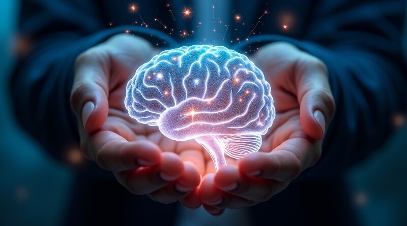 Świecący, mózgopodobny kształt spleciony z włókien, trzymany w dłoniach, na tle połączeń neuronowych i wykresów finansowych.
