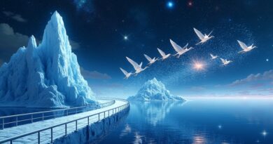 Eteryczny most z kodu łączy lodowy DuckDB z ibiskami-strumieniami danych na tle kosmicznej mgławicy.