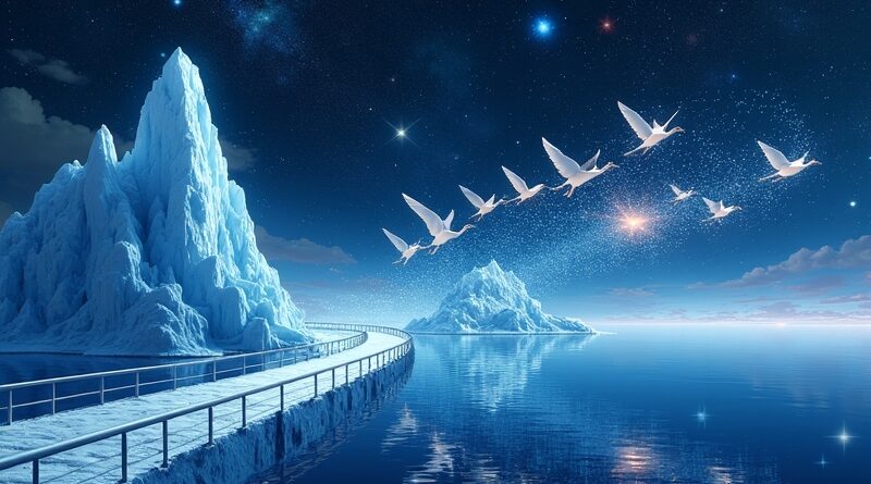 Eteryczny most z kodu łączy lodowy DuckDB z ibiskami-strumieniami danych na tle kosmicznej mgławicy.