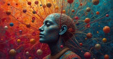 Sztuczna inteligencja spleciona w indyjskie sari, symbol kolizji technologii i kultury, żywe barwy.