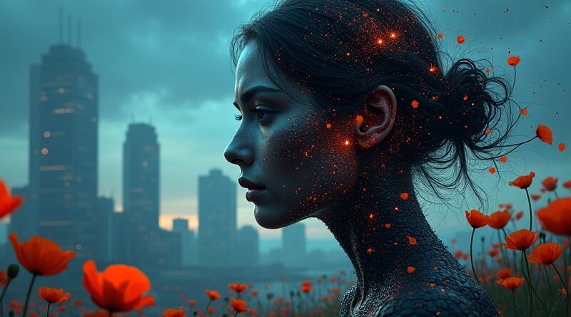 Rozpadająca się, binarna postać kobiety symbolizuje zagrożoną cyfrową tożsamość. Neonowe miasto w tle. Kalifornijskie maki - symbol nadziei.