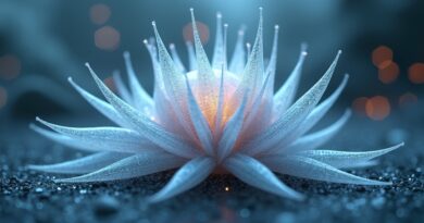 Eteryczny, kryształowy organizm AI konsumujący subtelne dane; w tle odrzucone, cyfrowe krajobrazy.