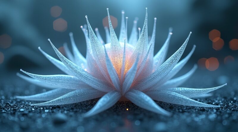 Eteryczny, kryształowy organizm AI konsumujący subtelne dane; w tle odrzucone, cyfrowe krajobrazy.