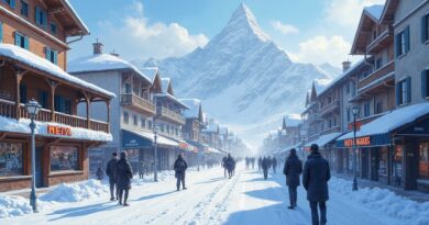 Davos przyszłości: ulice oplecione logo Meta i Salesforce, Alpy w cyfrowych wzorach.