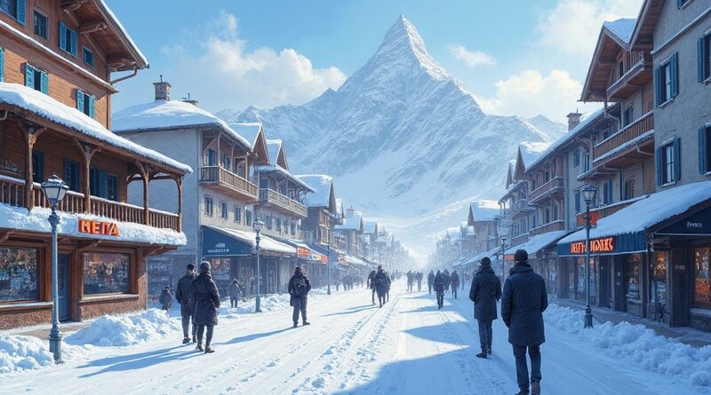 Davos przyszłości: ulice oplecione logo Meta i Salesforce, Alpy w cyfrowych wzorach.