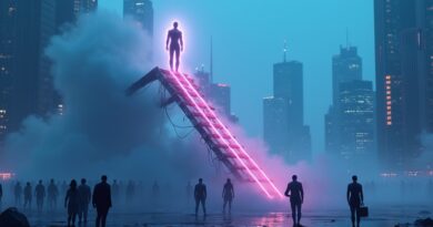 AI na szczycie zrujnowanej drabiny kariery, obserwowane przez zaniepokojonych ludzi. Przyszłość pracy.