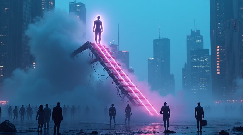 AI na szczycie zrujnowanej drabiny kariery, obserwowane przez zaniepokojonych ludzi. Przyszłość pracy.