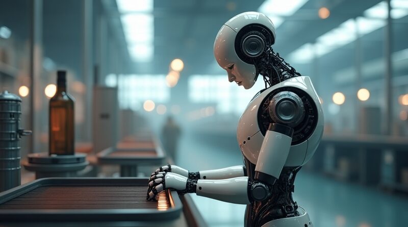 Humanoidalny robot w fabryce, nowoczesna technologia łączy się z klasyczną estetyką, innowacja i integracja.