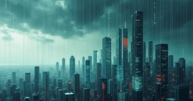 Cyfrowa zawierucha, krach oprogramowania. Binarne łzy, spadające wykresy, futurystyczne miasto w tle.