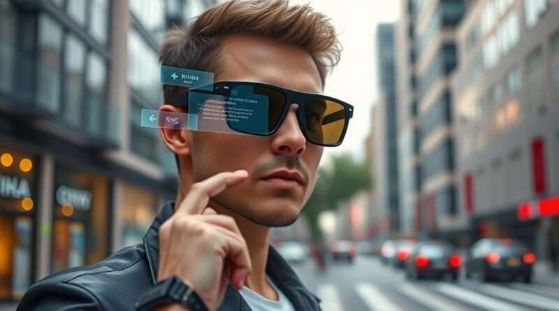 Futurystyczny użytkownik okularów Ray-Ban Meta nawiguje po mieście za pomocą holograficznego interfejsu i opaski Neural Band.