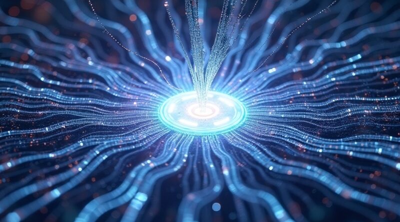 Abstrakcyjna wizja mocy obliczeniowej AI: pulsujący rdzeń energii w sieci futurystycznych serwerowni Meta.