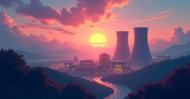 Futurystyczne centrum danych i elektrownia atomowa o świcie, symbol energii dla AI, Meta.