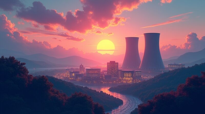 Futurystyczne centrum danych i elektrownia atomowa o świcie, symbol energii dla AI, Meta.