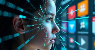 Roztrzaskane cyfrowe lustro odbija zniekształconą twarz nastolatka, z pęknięć wyłaniają się ikony kontroli rodzicielskiej.