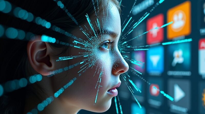 Roztrzaskane cyfrowe lustro odbija zniekształconą twarz nastolatka, z pęknięć wyłaniają się ikony kontroli rodzicielskiej.