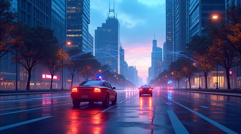 Futurystyczne miasto o zmierzchu, autonomiczne taksówki i sieć danych symbolizująca AI sterującą pojazdami.