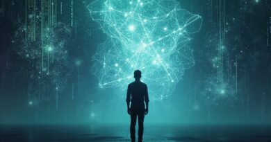 Człowiek spogląda przez cyfrową zasłonę na abstrakcyjną sieć komunikujących się agentów AI.