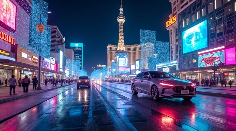 Futurystyczna wizja Las Vegas nocą: robotaxi Hyundai Ioniq 5 z neonami i hologramami AI.