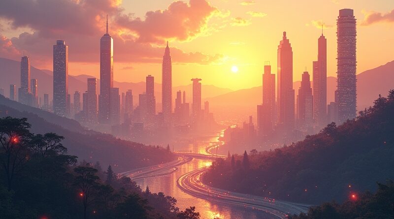 Dolina Krzemowa przekształcająca się w cyfrową sieć neuronową, symbolizującą inwestycje NVIDII w AI.