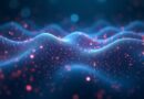 Abstrakcyjna wizualizacja przetwarzania dźwięku przez sieć neuronową, szybki przepływ danych, futurystyczna kolorystyka.