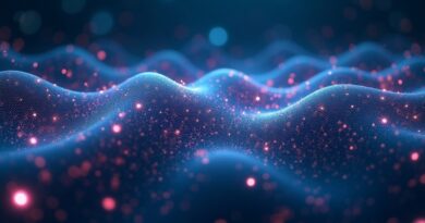 Abstrakcyjna wizualizacja przetwarzania dźwięku przez sieć neuronową, szybki przepływ danych, futurystyczna kolorystyka.