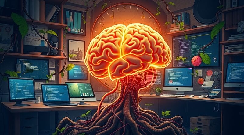 Cyfrowy mózg z obwodami korzeni się w środowisku pracy, oplatając ekrany z kodem, symbolizując integrację AI w Notion.