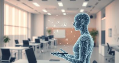 Przezroczysty asystent AI w firmowym biurze, wizualizujący dane i usprawniający procesy biznesowe w Slacku.