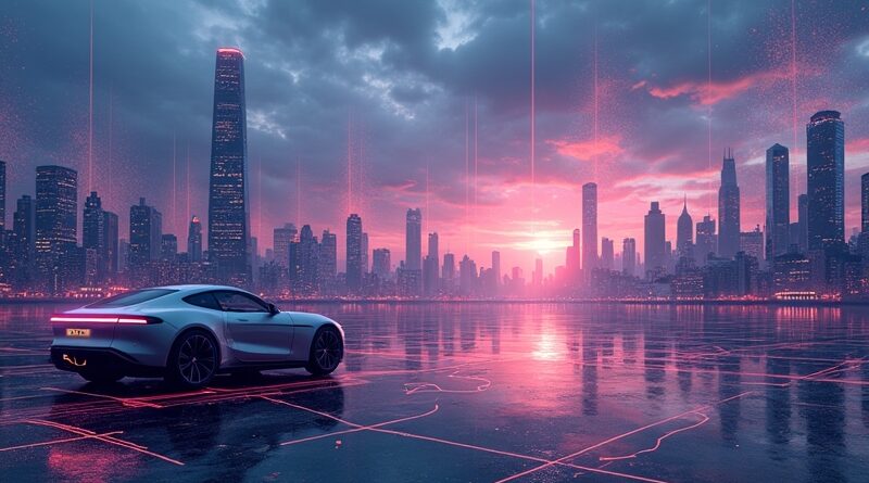 Futurystyczny pejzaż miejski o zmierzchu z siecią neuronową symbolizującą AI. Samochód autonomiczny z logo Alpamayo.