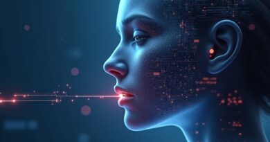 Eteryczna twarz AI z data streamami symbolizującymi dwukierunkową komunikację PersonaPlex od Nvidii.