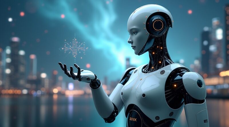 Futurystyczny robot wyciąga rękę na tle miasta i abstrakcyjnej nebulii, symbolizując robotykę ogólnego przeznaczenia.
