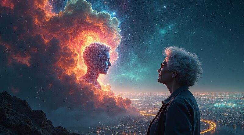 Kosmiczna nebula przechodząca w układ scalony, portret Very Rubin spoglądającej na futurystyczne miasto AI.