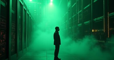 Jensen Huang kontempluje potężny superkomputer na tle cyfrowych wizualizacji danych i wstrzymanego projektu Nvidia-OpenAI.