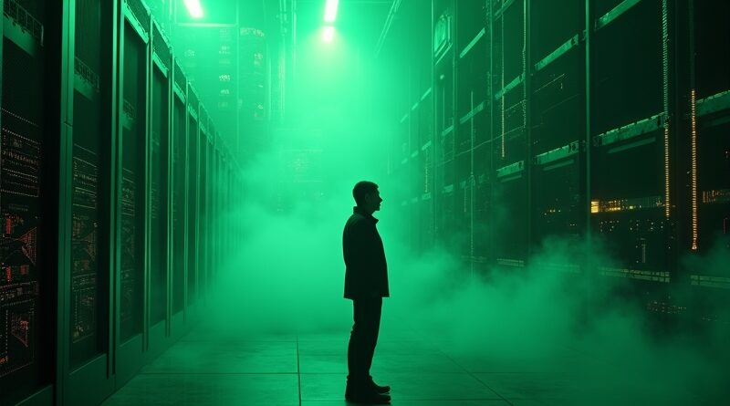 Jensen Huang kontempluje potężny superkomputer na tle cyfrowych wizualizacji danych i wstrzymanego projektu Nvidia-OpenAI.