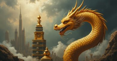 Złoty smok balansuje chipy Nvidia H200 na tle Wall Street i chińskiego krajobrazu.