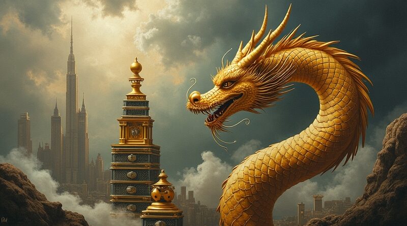 Złoty smok balansuje chipy Nvidia H200 na tle Wall Street i chińskiego krajobrazu.