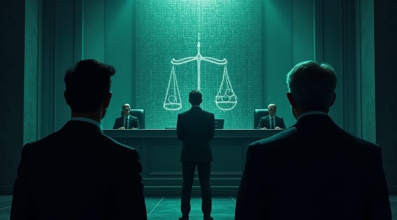 Neo-noirowa sala sądowa, sylwetki Muska, Altmana i Gatesa, binarny kod, neuralna sieć zamiast szal sprawiedliwości.