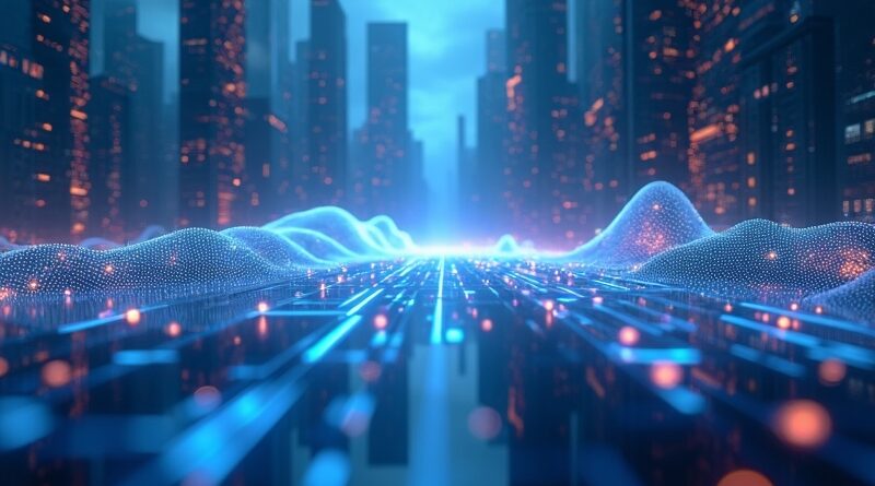 Abstrakcyjne przedstawienie AI na giełdzie: błyszczące sieci neuronowe symbolizują wyścig algorytmów i finansowe strategie.