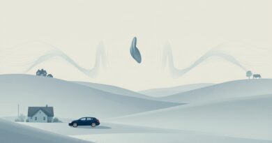 Minimalistyczny krajobraz: dźwiękowe fale rozchodzą się od ucha, integrując audio z domami i życiem.