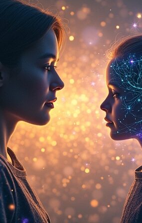 Dwie sylwetki otoczone siecią danych; ochrona młodszego użytkownika, weryfikacja wieku przez AI.