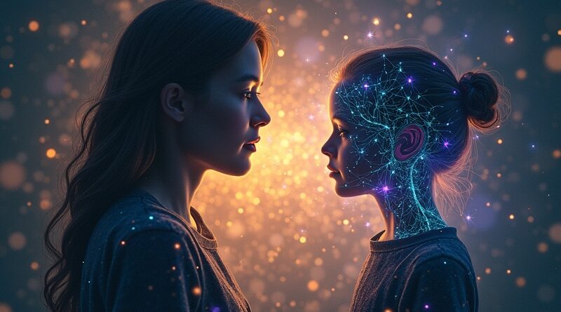 Dwie sylwetki otoczone siecią danych; ochrona młodszego użytkownika, weryfikacja wieku przez AI.