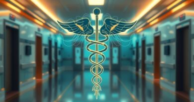 Stylizowana sieć neuronowa w kształcie kaduceusza, symbolu medycyny, na tle futurystycznego szpitala, AI w służbie zdrowia.