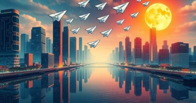 Futurystyczne miasto z binarną rzeką i papierowe samoloty z tytułami zawodów, symbolizujące ChatGPT Jobs.