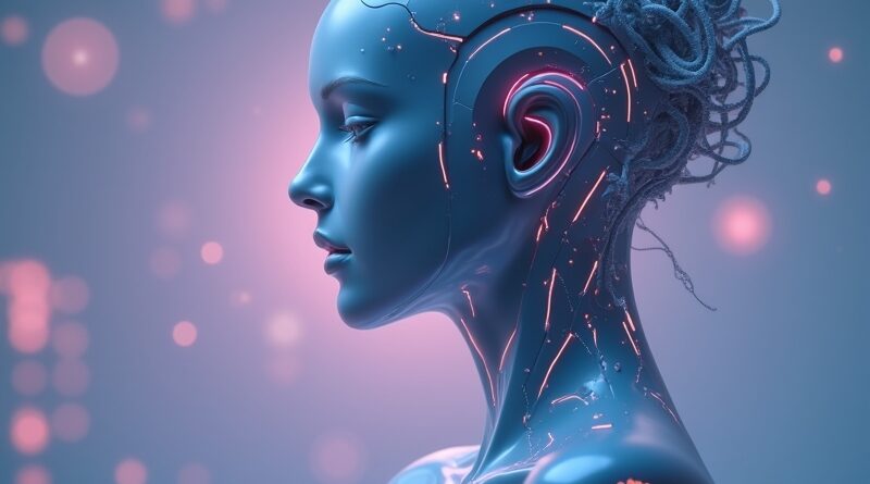 Futurystyczny, metaliczny słuchawka "Sweetpea" OpenAI, z biometrycznymi sensorami, na tle subtelnych, świetlistych połączeń.