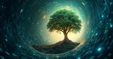 Abstrakcyjny wir kodu przeistacza się w geometryczne drzewo, symbolizujące wzrost OpenAI w sektorze enterprise.