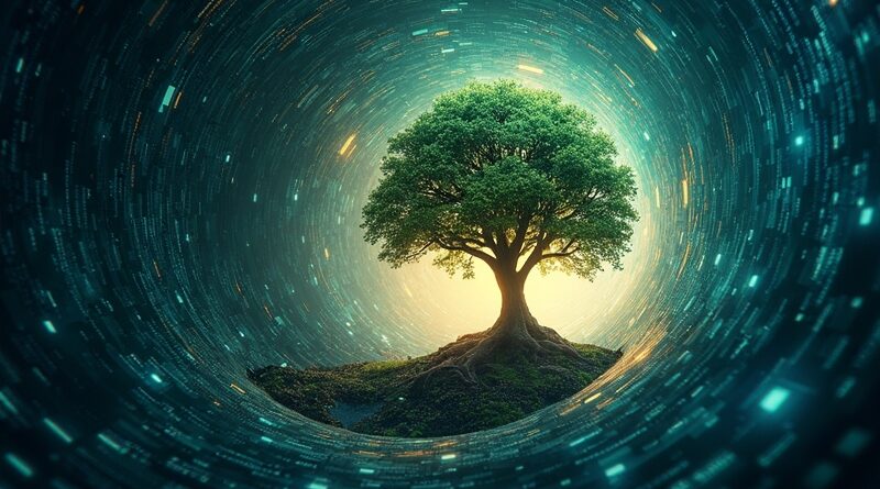 Abstrakcyjny wir kodu przeistacza się w geometryczne drzewo, symbolizujące wzrost OpenAI w sektorze enterprise.