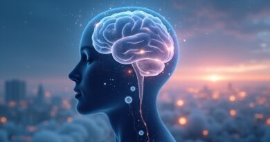 Eteryczna wizja snu: przeźroczysta głowa wypełniona kodem, nebuloza i futurystyczny krajobraz miasta.