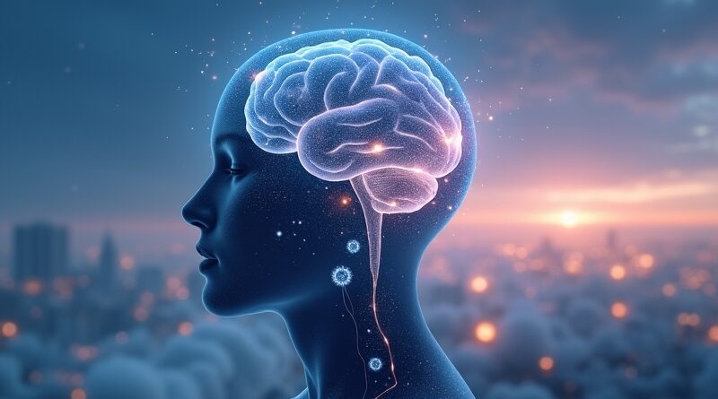 Eteryczna wizja snu: przeźroczysta głowa wypełniona kodem, nebuloza i futurystyczny krajobraz miasta.