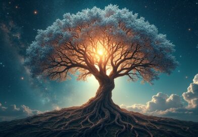 Kosmiczne drzewo życia z korzeniami w galaktyce, symbol bazy danych dla AI i ewolucji w tworzeniu leków.