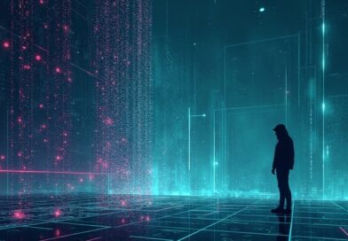 Niewidoczna nić kodu oplata minimalistyczny serwer danych, cień hakera w tle. Ukryte zagrożenie w cyfrowej przestrzeni.