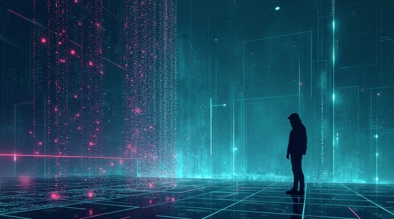 Niewidoczna nić kodu oplata minimalistyczny serwer danych, cień hakera w tle. Ukryte zagrożenie w cyfrowej przestrzeni.